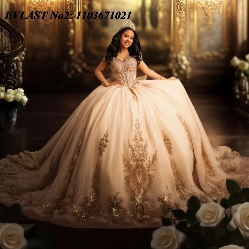 

EVLAST Customized Mexican Champagne Quinceanera Dress Ball Gown Shiny Lace Applique Beading Sweet 16 Vestidos 15 Anos E2QA122