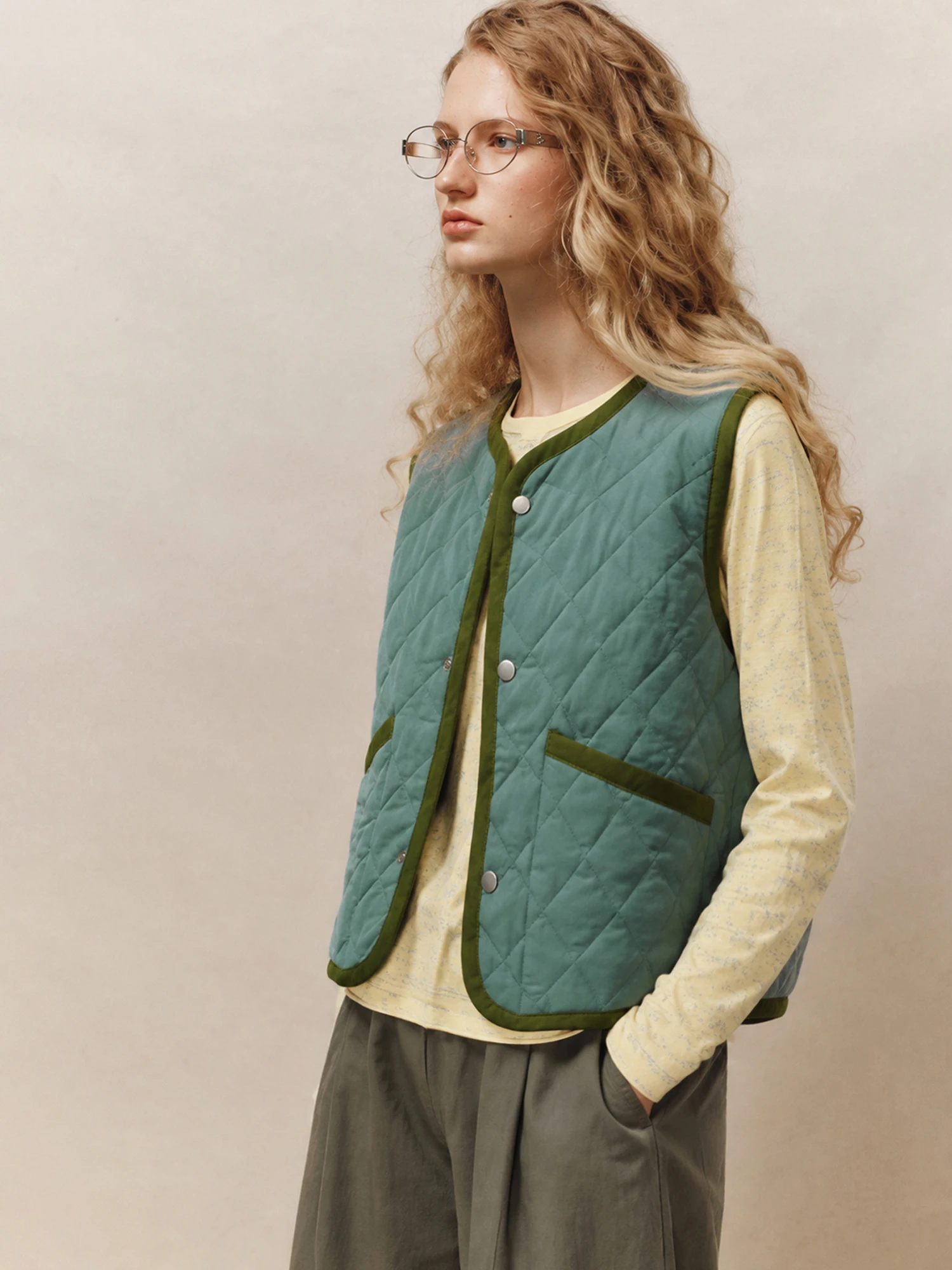 Lightweight Warm Heavy-Weight Diamond Pattern Quilted Vest Color Block  round Neck Outerwear Thin Cotton Vest