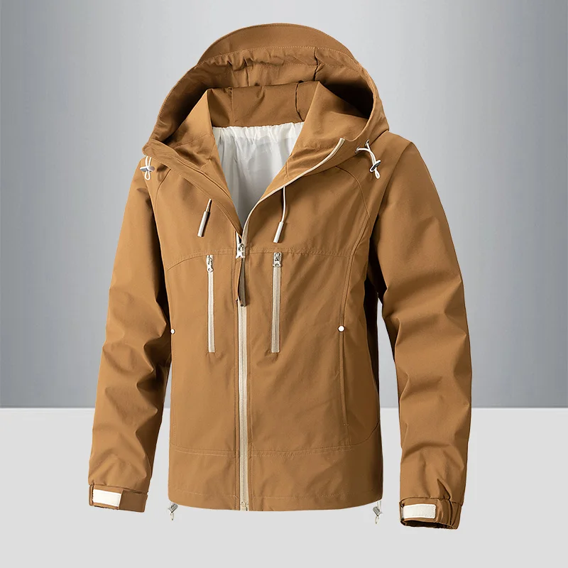 

2025 Spring Autumn Men Hiking Jacket with Hood Windproof Waterproof Jacket Coats Solid Color Zipper Male Clothes Outdoor Casual