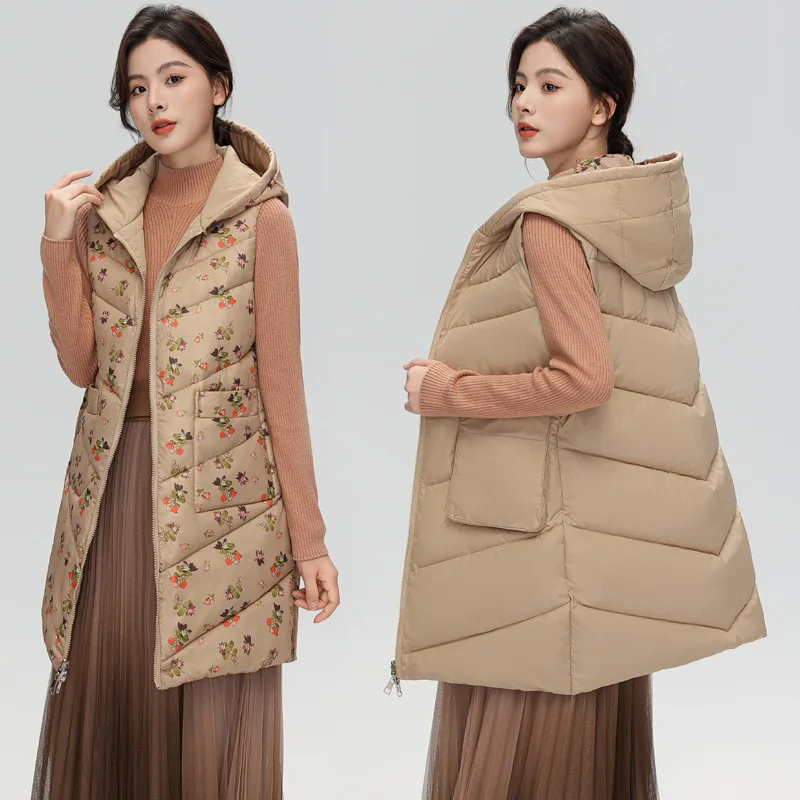 2024 Autumn Winter Down Cotton Vest Coat Womens Long Hooded Cotton-Padded Waistcoat Sleeveless Reversible Padded Puffer Jackets