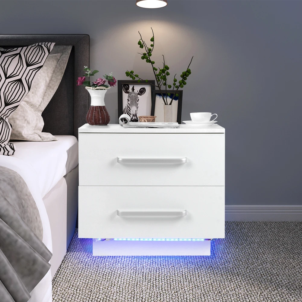 

Modern Stylish 2 Drawers Bedside Cabinet with LED Blue Light High Gloss Front Panel for Bedroom