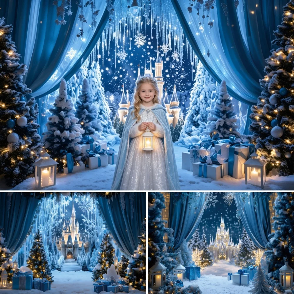 Frozen World Castle Photography Backdrop Winter Snowflake Christmas tree Girls Princess Birthday Party Background Banner Props