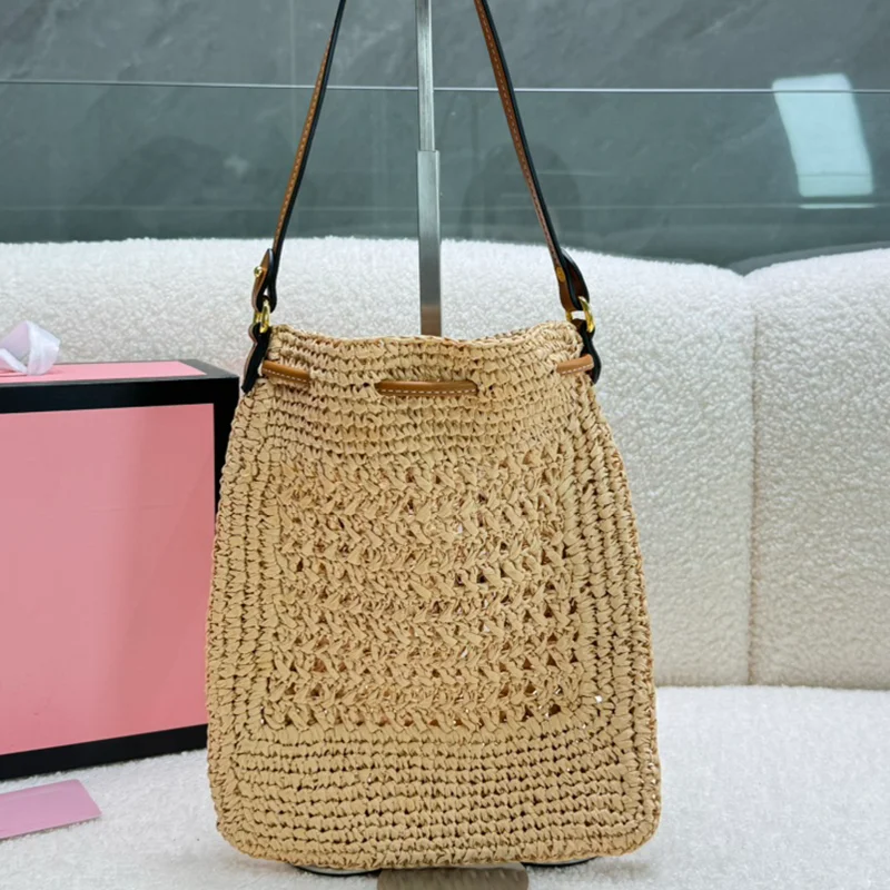 Summer New Fashion Versatile Straw Woven Small Tote Bag Drawstring Hollow Casual Shoulder Underarm Bag Embroidered Square Bag