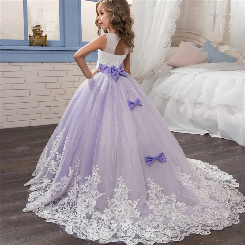 Girls Lace Long Tailing Bridesmaid Kids Dresses for Teens Girls Elegant White Party Dress Kids Evening Wedding Formal Prom Gown