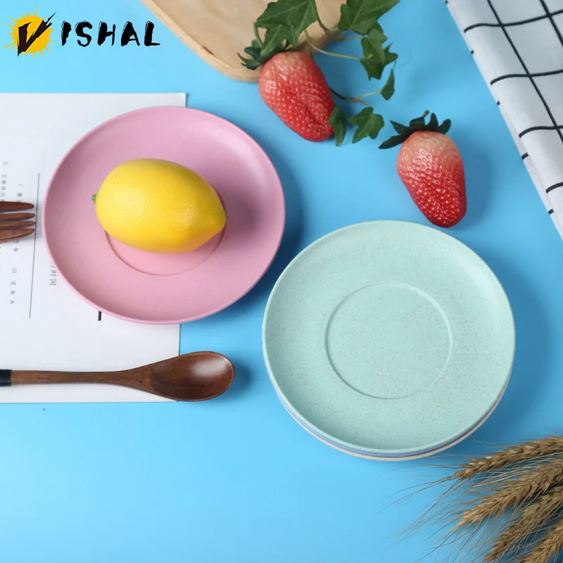 VISHAL Wheat Straw Dish Set Round Rice Plate Creative Home Anti Drop Bone Dish Plastic Fruit Plate Retro Wheat Tableware