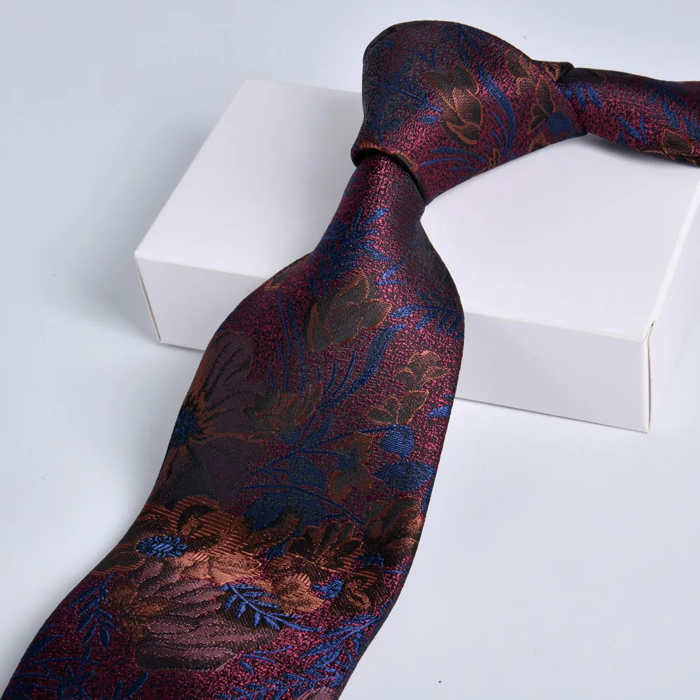 Retro Artistic Botanical Large Floral Woven Necktie For Men Burgundy Oil‑Painting Style Jacquard Formal Dinner Wedding Party