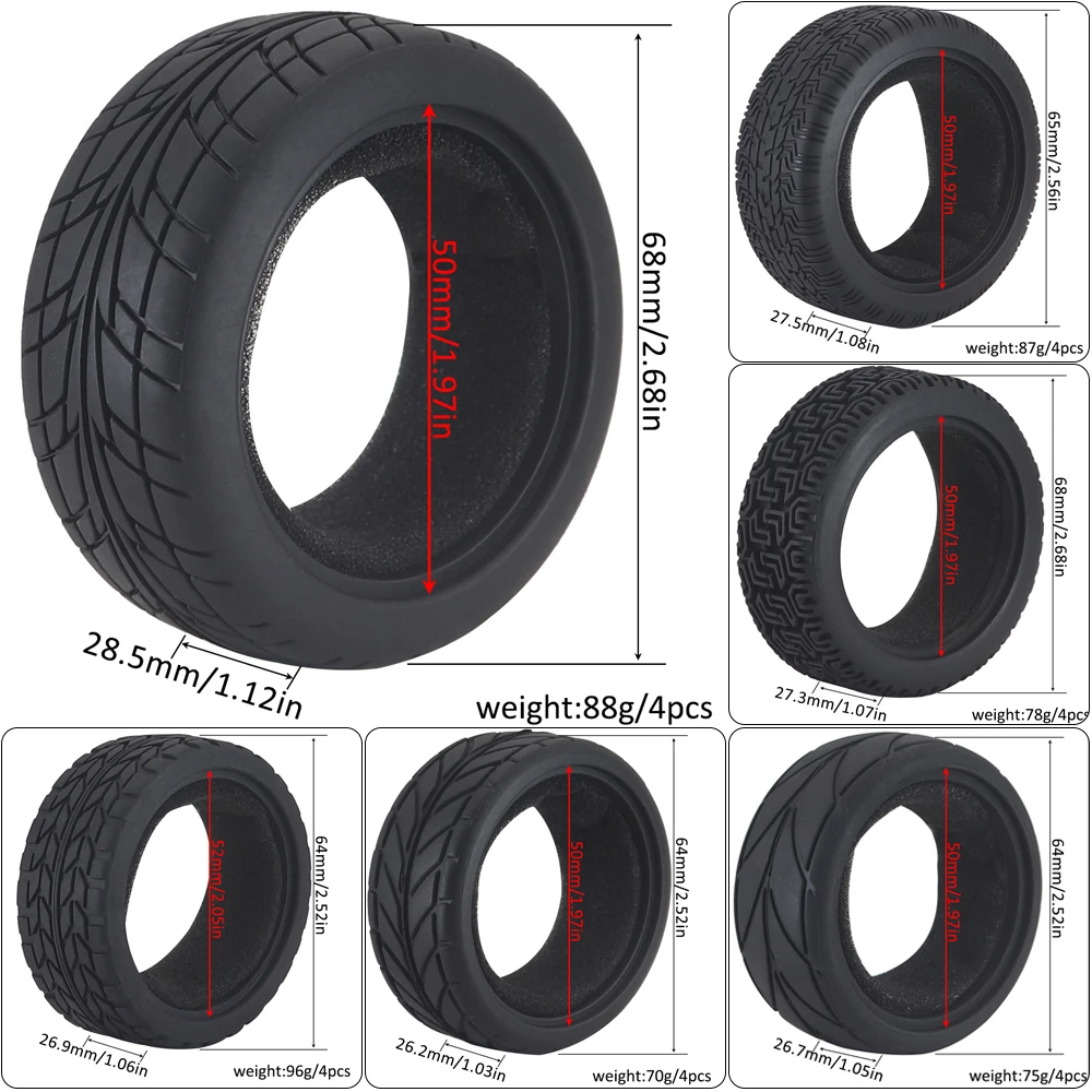1:10 On-road Car Tires 63-68mm High Grip Rubber Tyre Hot Melt Tire Hsp 94123 Hpi Himoto Fw06 Tt01 Abrasion Resistant Racing Car