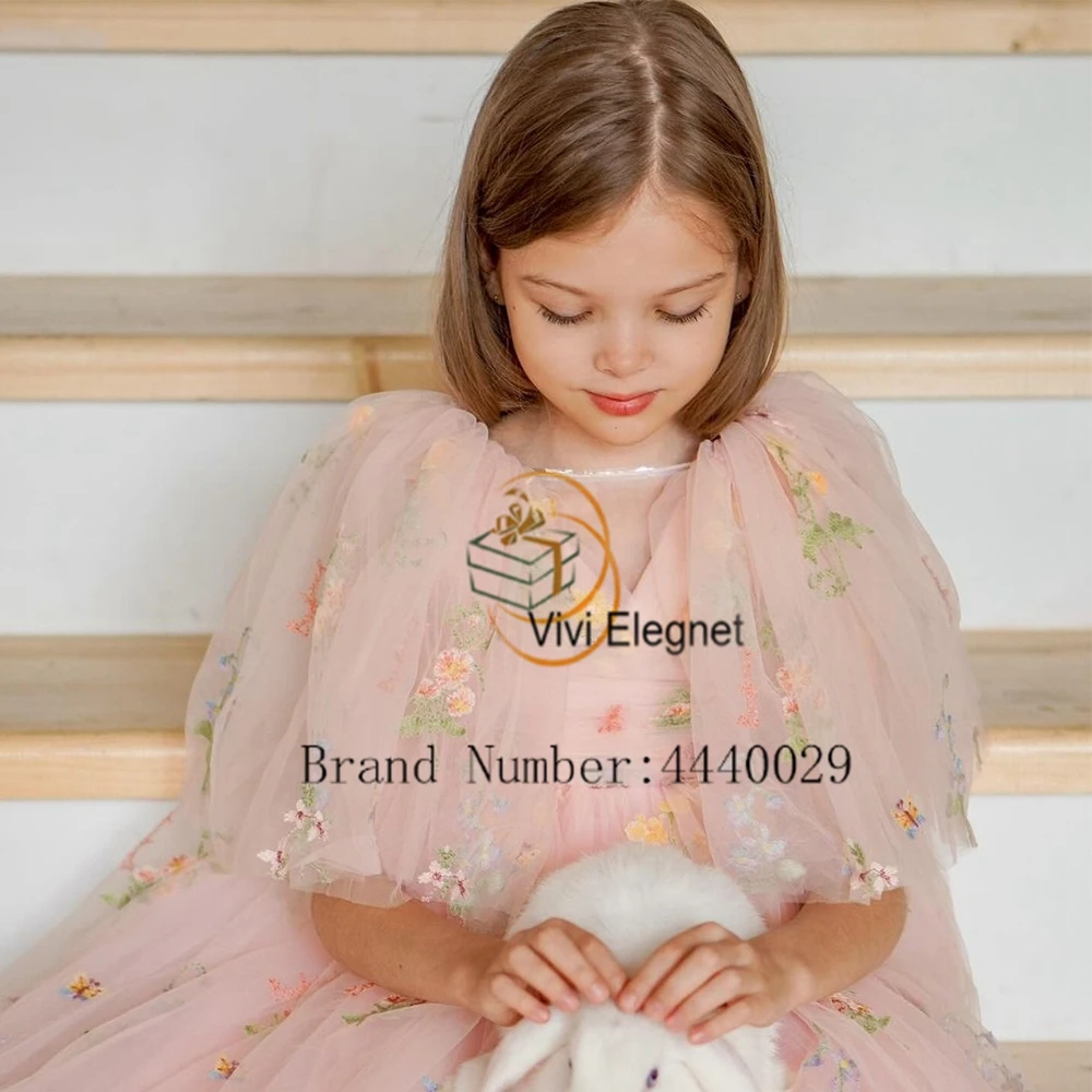 Short Sleeve Pink Flower Girls Dresses with Applique 2023 Summer Soft Tulle New Knee Length Christmas Gowns فلور فتاة اللباس