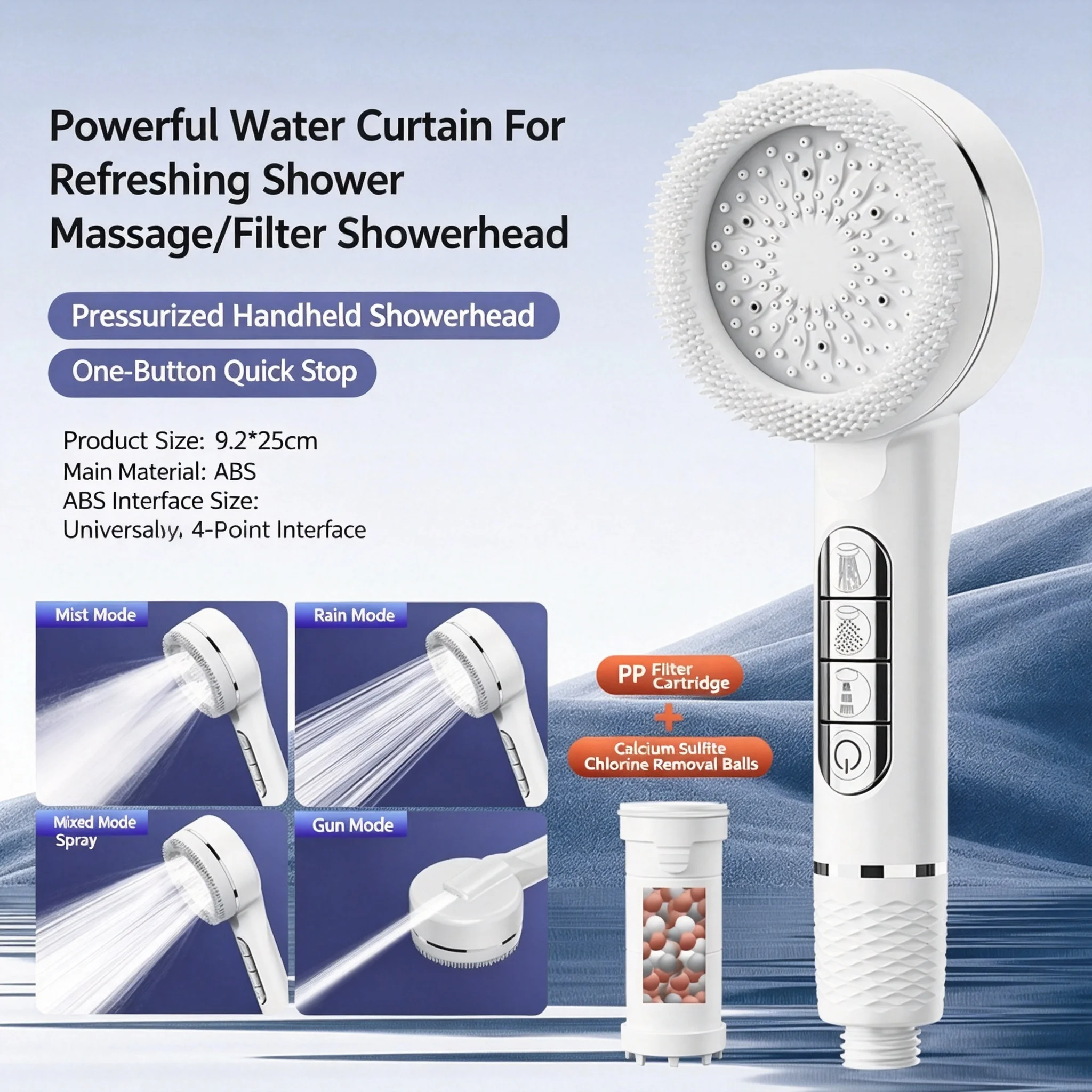 SPA Massage Filter Shower Head Pressurized Handheld Sprayer with 1.5m Hose and Holder 4 Spray Modes Outer Silicone Scrubber