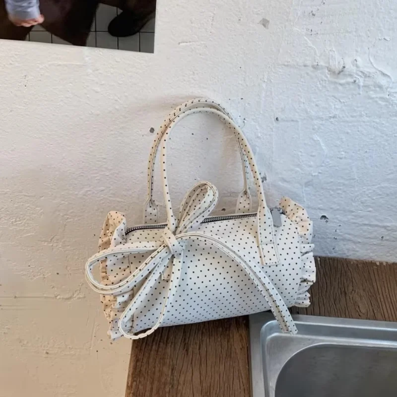 

Korean Polka Dot Cylinder Handbag With Bow Ruffle Trim Cute Casual Boston Shoulder Bag Women Lightweight Nylon Commute Tote Bag