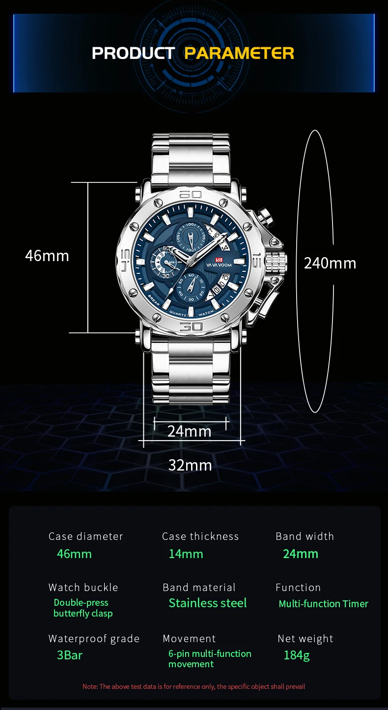 VA VA VOOM Chronograph-Uhr für Herren, Kalender, leuchtend, wasserdicht, Herrenuhr, luxuriöse Edelstahl-Quarzuhr für Herren, Reloj – Detail 1
