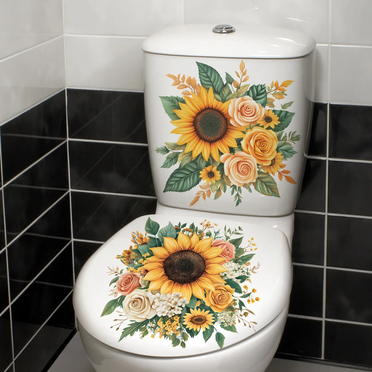 Lovely Sunflower Print Bathroom Sticker, Waterproof Self-stick Decorative Decal for Toilet Cover