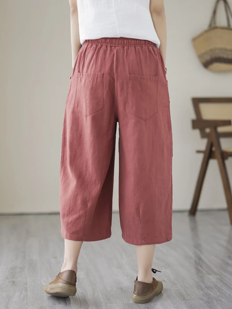 Pantaloni a gamba larga in cotone e lino a vita alta Pantaloni estivi leggeri casual da donna taglie forti Pantaloni a sette cinque lunghezza da pendolare Sle