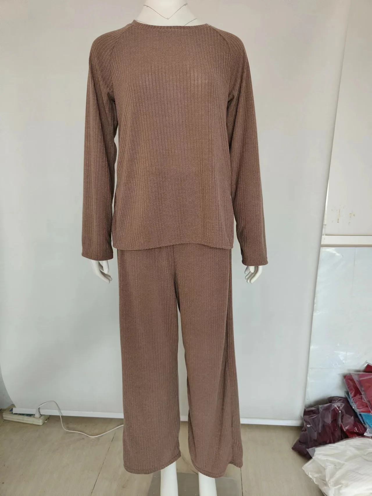 Ensembles de salon en tricot pour femmes, pull à manches longues, pull à col rond, pantalon de sport doux, basique, pur, simple, rue de la maison,