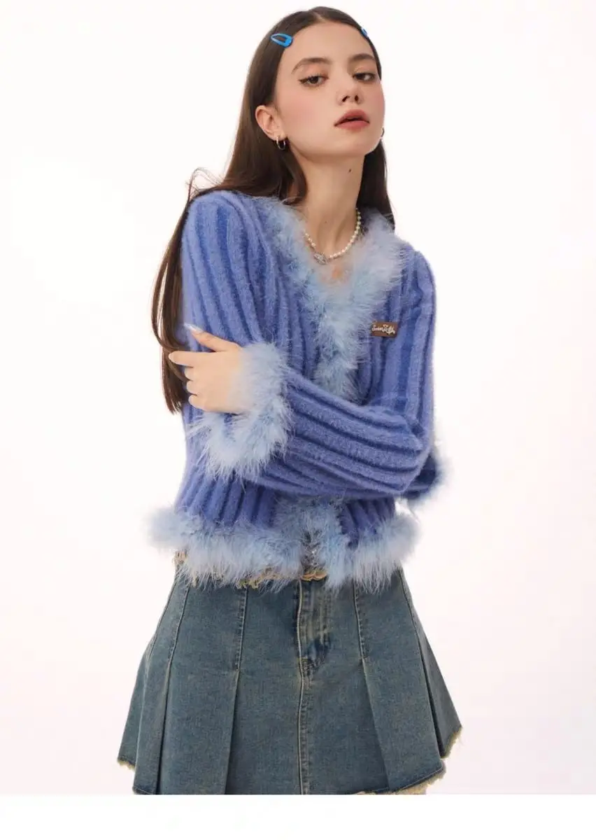 Stripe Fur Knitted V-Neck Tie Cardigan Women Clothes Cropped Fashion Hot Girls Y2k Tops Korean Atmosphere Slim Fit T-Shirt