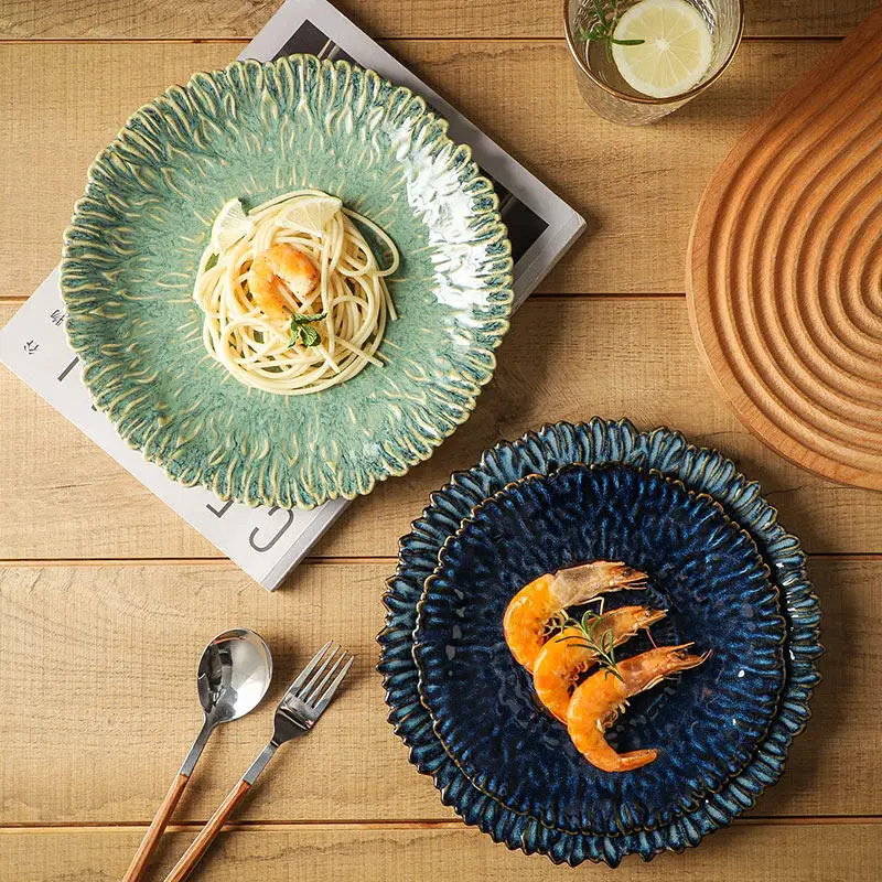 1PC Japanese Retro High Grade Ceramic Plate Creative Kiln Change Lace Shallow Dish Household Western Pasta Tableware