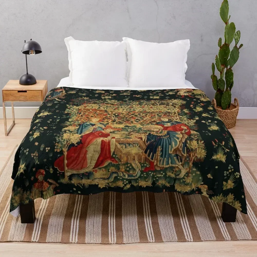 

FALCONS BATH Red Blue Antique Medieval Tapestry,Court Figures,Birds, Flowers ,Rose Trellis Throw Blanket