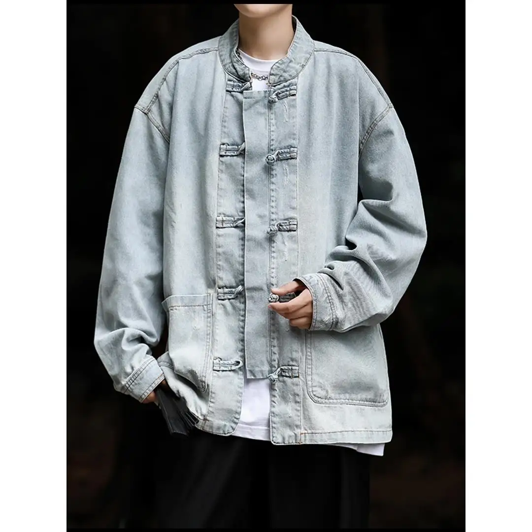 

Waed Vintage Chinese Sle Men's Denim Jaet Loose Fit Stand Collar Button up Outerwear Spring Autumn Casual Youth Faion