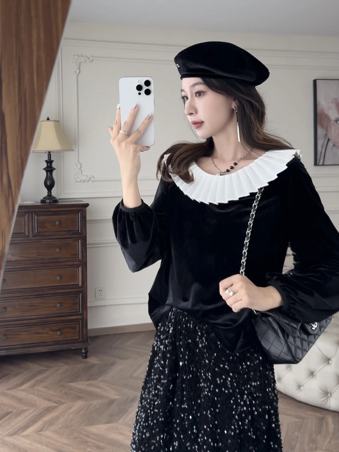 

Женская модная блузка Zhang ei Commuter Sle Long Sve Velvet Bla Ne Design в корейском стиле, стандартный крой