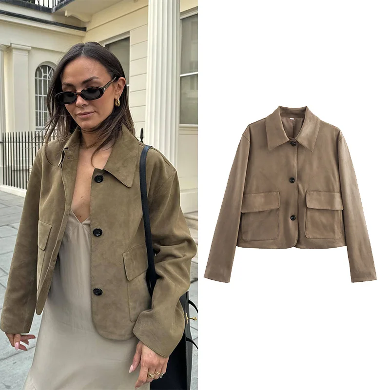 

Women Suede Jacket With Button Autumn Long Sleeve Pocket Women's Jackets Casual Turn Down Collar Lady Coats Female Tops