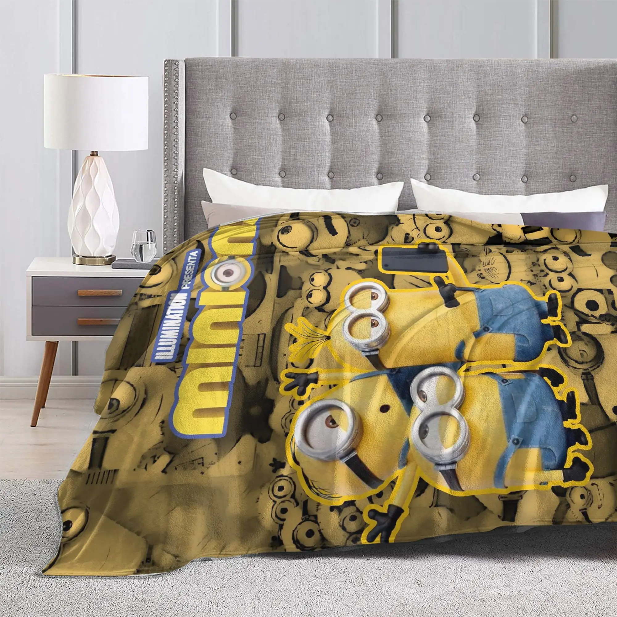 Cute Anime M-Miniones Blanket Flannel Print  Portable Super Warm Throw Blanket for Bed Travel Quilt