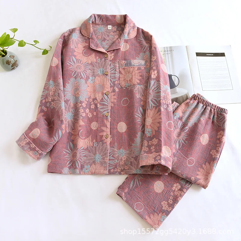 2023 New Women's Spring and Autumn Pajama Set 100% Cotton Jacquard Long Sleeve Two Piece Simple Cardigan Home Furnishing