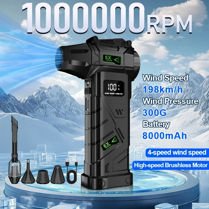 

1000000RPM Turbo Air Blower 4 Speed Adjustable 300G Max Wind Pressure 8000mAh Power Bank For Car BBQ Ignition Snow Removal