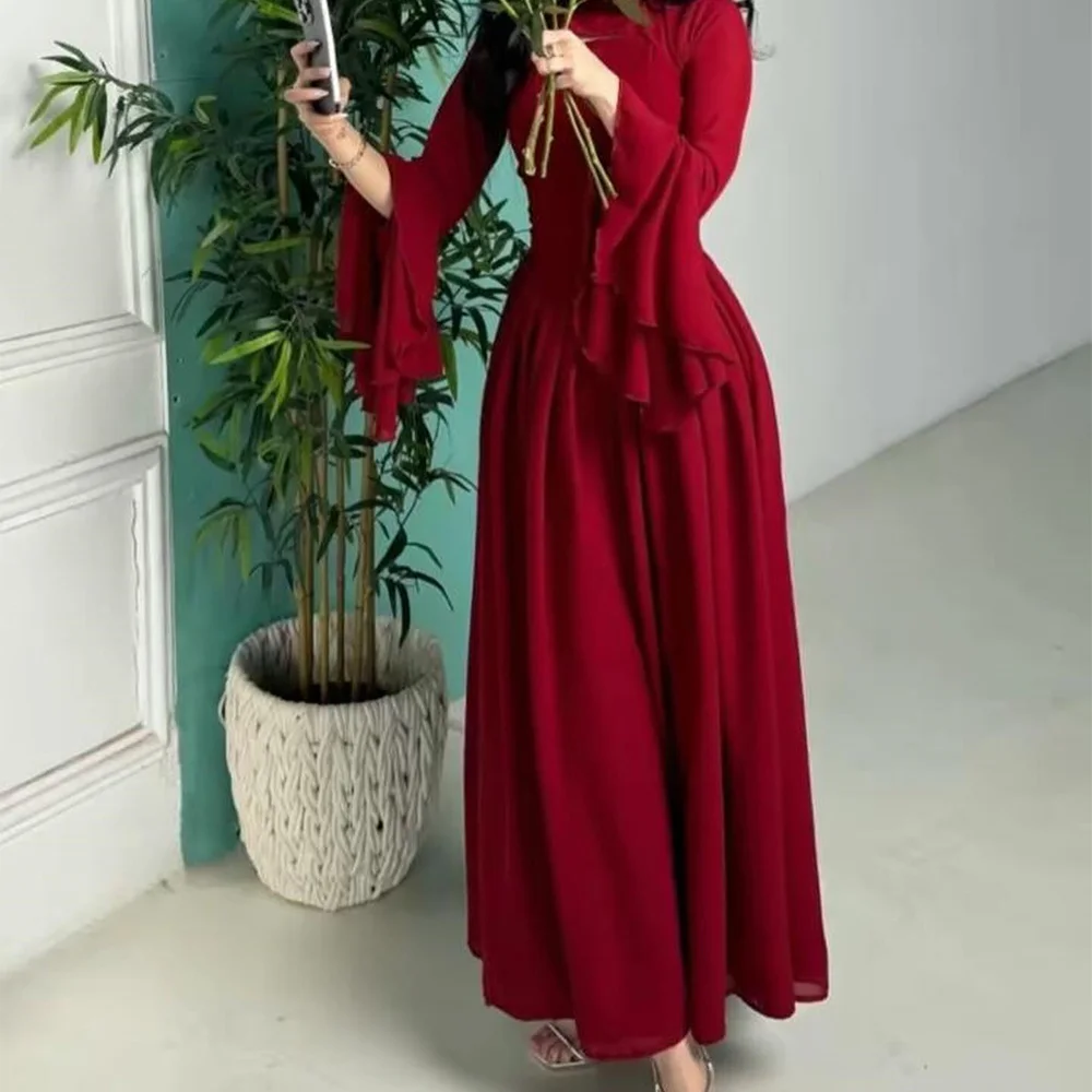 

A-Line Ankle Length Evening Dress High Neckline Chiffon Long Sleeves Pleats Celebrity Gowns Photo Color Elegant and Fashion