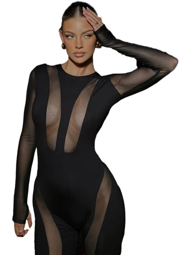 One Piece See Through Overalls for Women, Club Outfits, Black Bodycon Jumpsuits, Knee Length Playsuit, Sexy Romper, Long Sleeve