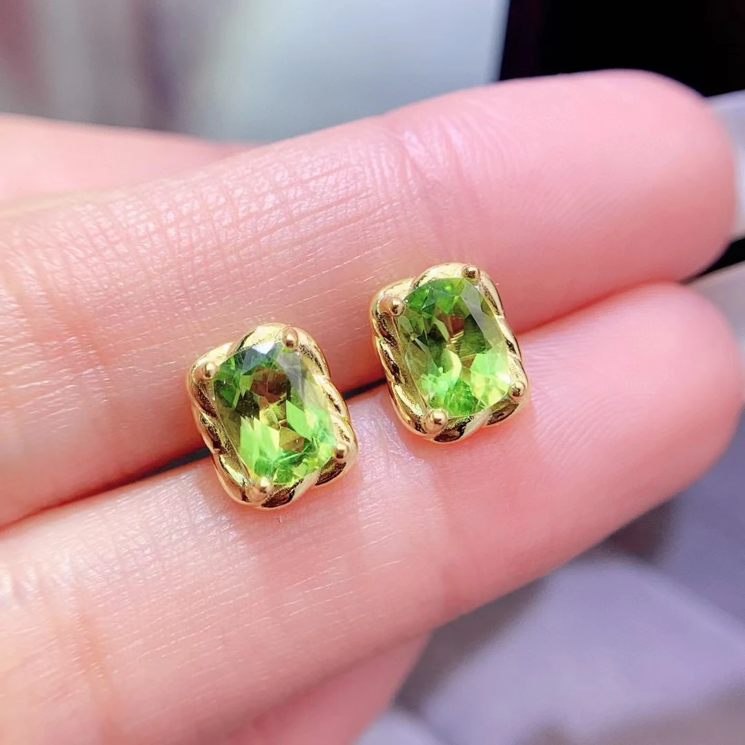 

5mm*7mm Total 1.4ct Natural Peridot Stud Earrings Prevent Allergy 925 Silver Peridot Earrings with 3 Layers Gold Plated