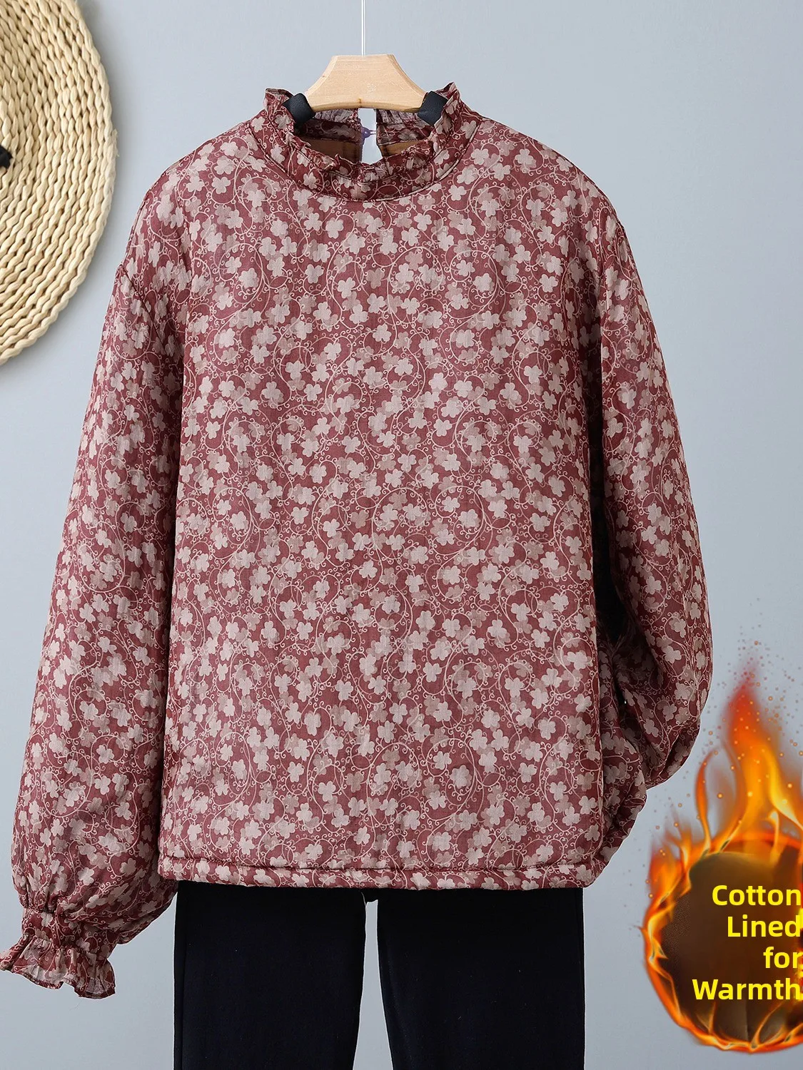 

Retro Floral Cotton Jacket Thickened Ear Mushroom Collar Inner Wear for Women Winter Warm Commute Style Artistic Print