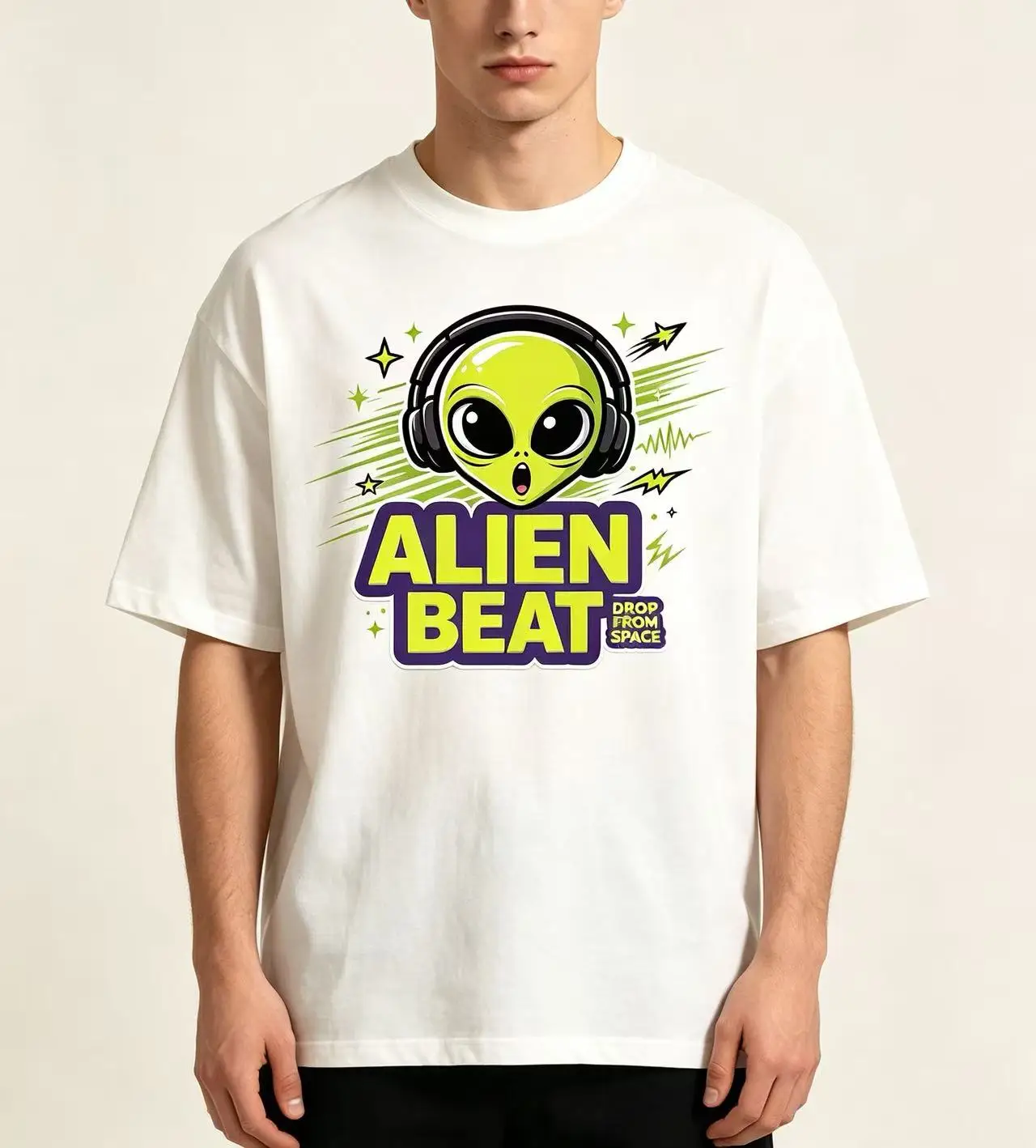 Unisex Alien Beat Drop From Space Alien Headphone Star Graphic T Shirt Men Women Cartoon Space Music Print Oversized Crew Neck Short Sleeve Tee