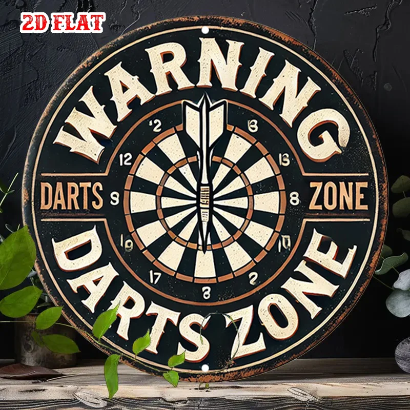 2D Flat 1pc Game Room Round Aluminum Sign, Darts Zone Round Wall Decor Warning Sign Rustic Metal Wall Art, Sports Equipment