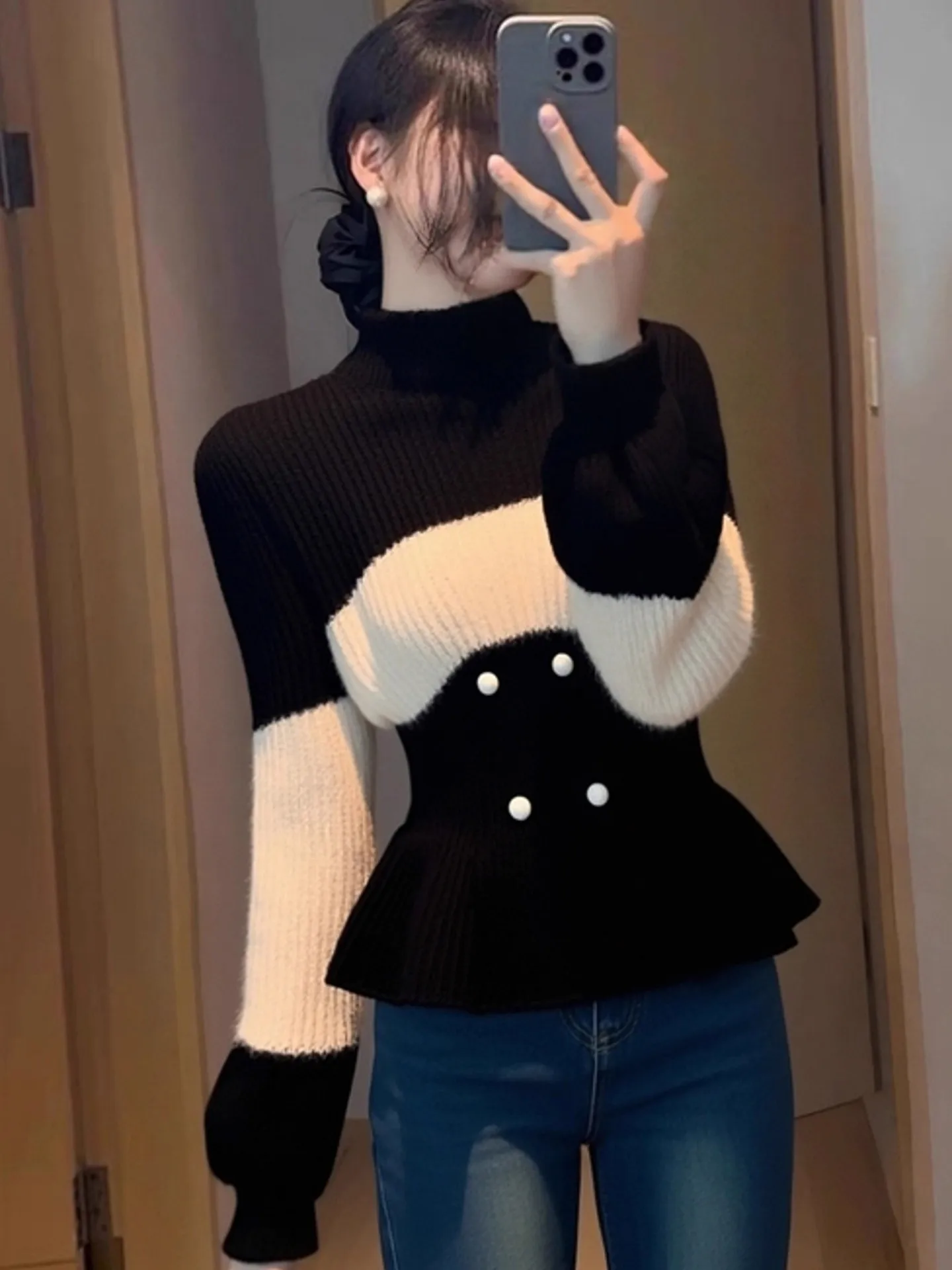 Slim Fit Long Sve f High Ne tricots femmes automne hiver Sle doux Sle dentelle garniture pull décontracté en ligne exclusif