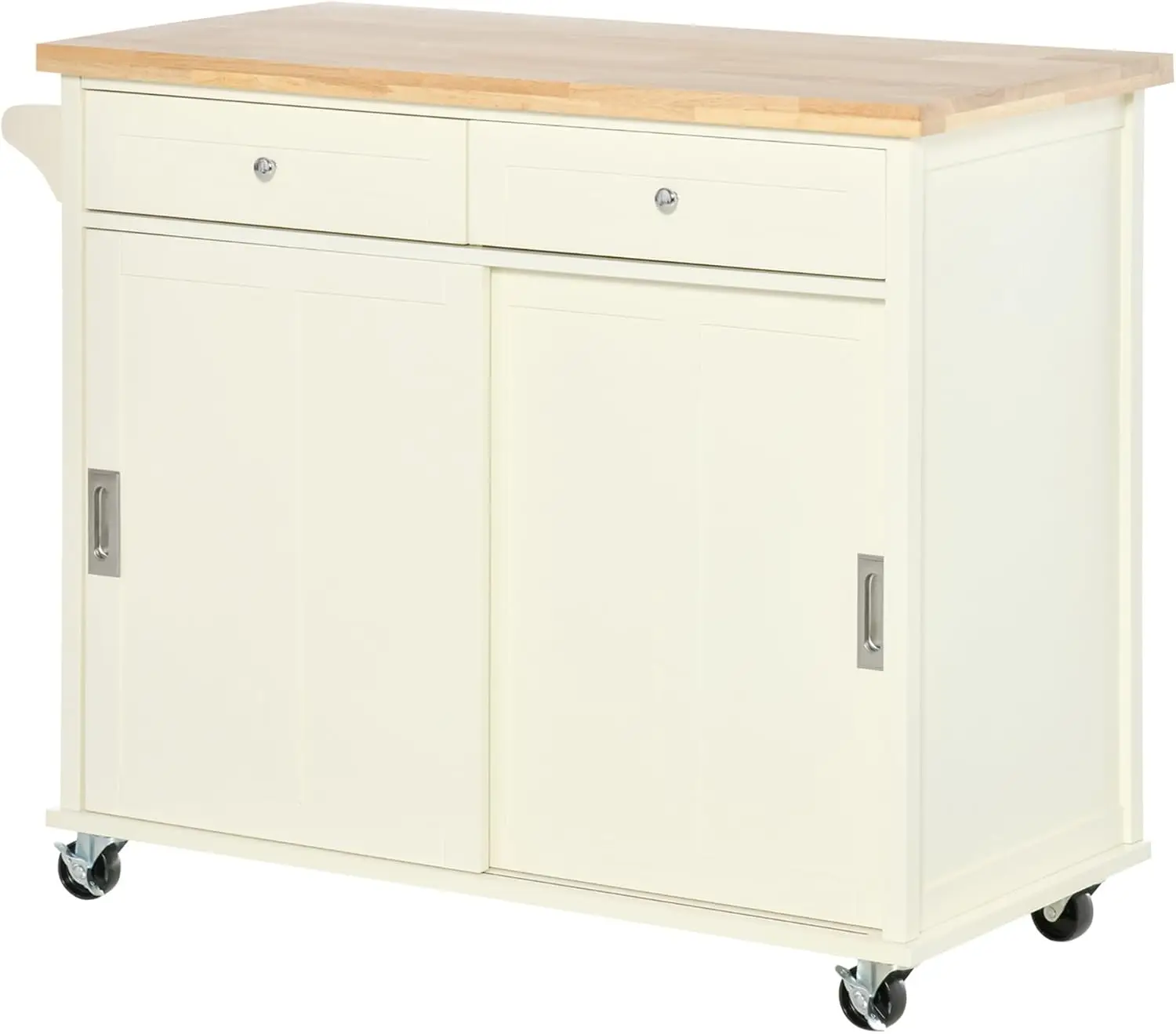 chen Island On Wheels, Rolling Kitchen Cart With Sliding Doors, Drawers, Storage Cabinet And Towel Rack, Cream White