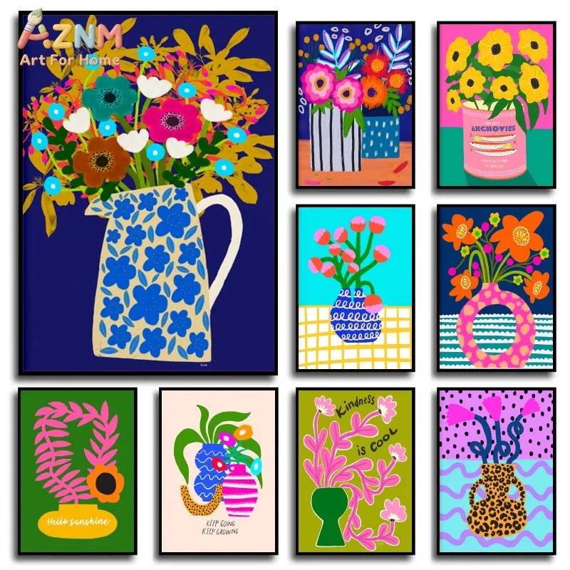 

AZNM Красочный цветочный принт на холсте с изображением вазы, безрамный однопанельный современный абстрактный постер с цветочным узором, настенный декор в стиле бохо