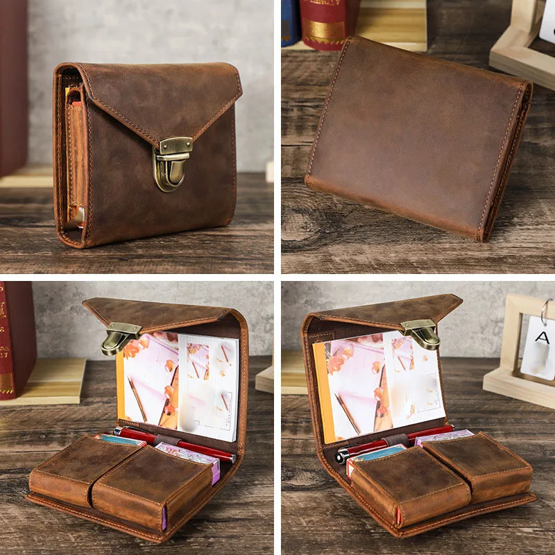 Genuine Leather Multifunctional Playing Card Storage Box with Pen Slot Portable A6 Notebook Storage Bag Business Gifts