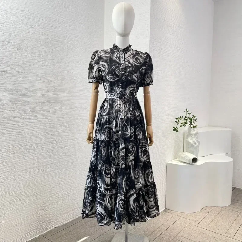 

Women's Black White Cashew Print Long Sleeve Midi Chic and Elegant Woman New Dress for 2024 High Quality Top Dresses