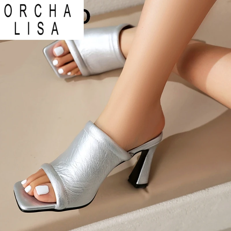 

ORCHA LISA 2025 Новые летние модные женские сандалии Мюли с открытым носком на высоком каблуке 8 см из искусственной кожи Большой размер Золото Серебро Коричневый 44 46 48 US17 Часть