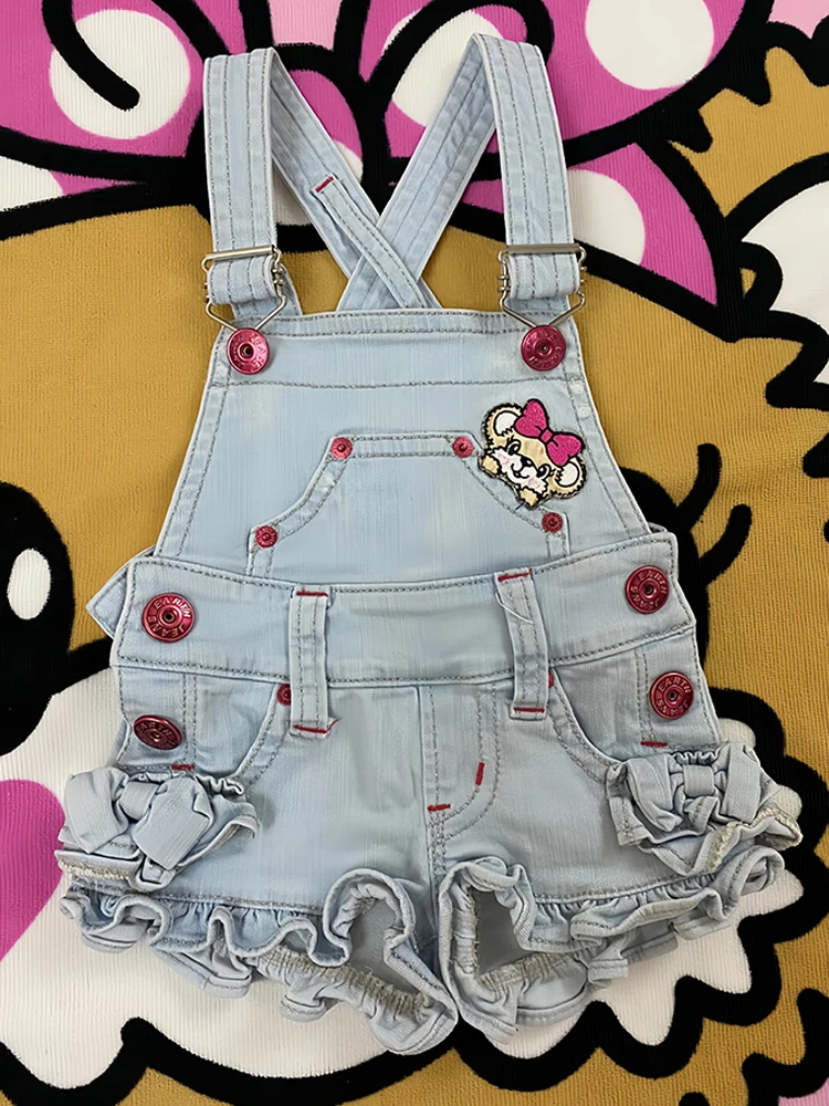 

Retro American Cartoon Letter Embroidery Denim Shorts Women Summer Spicy Ruffle Lace Bib Overalls Natural Waist Loose Fit