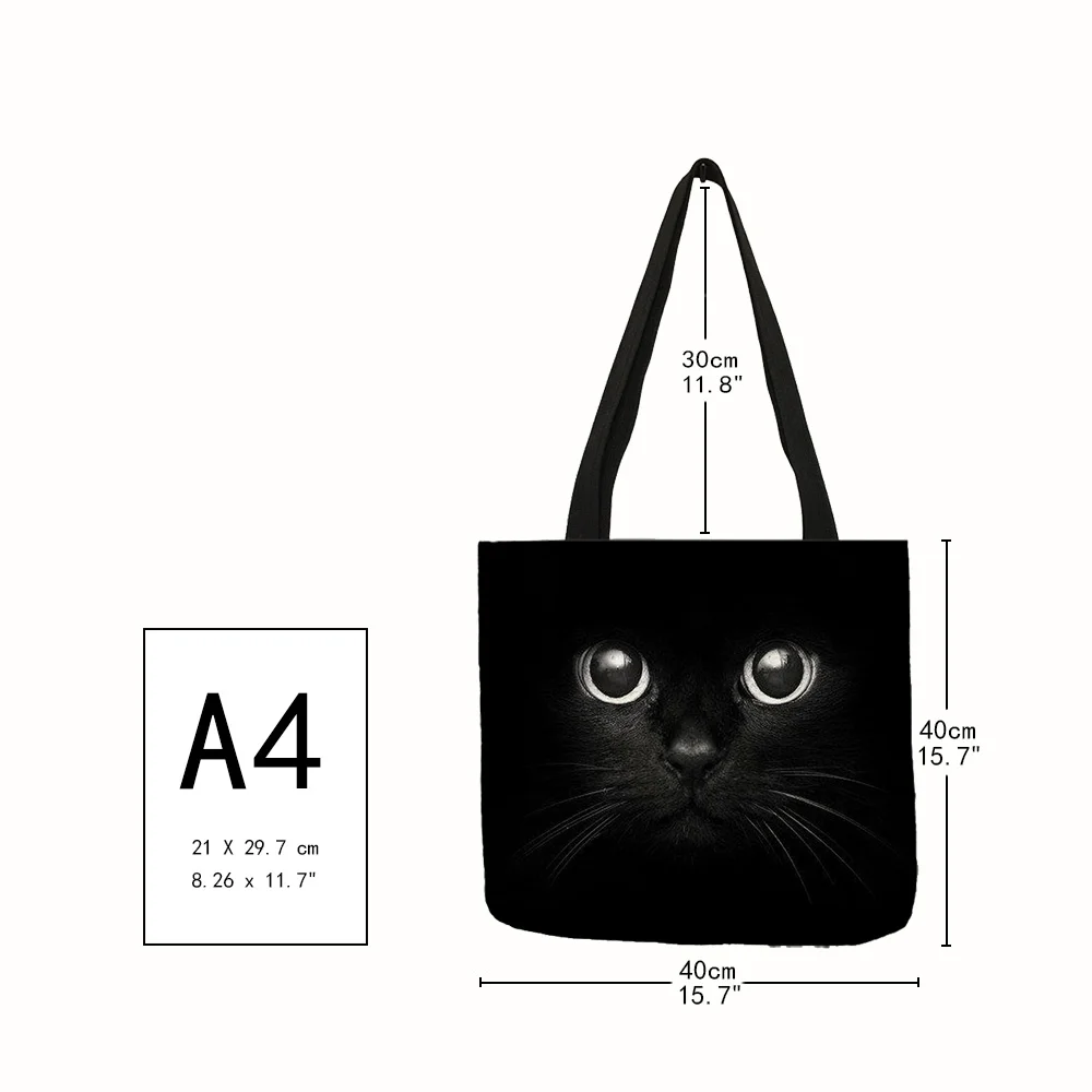 Fabric Foldable Shopping Bags For Groceries Cute Black Cat Print Tote Bag for Women Personality School Traveling Shoulder Bags