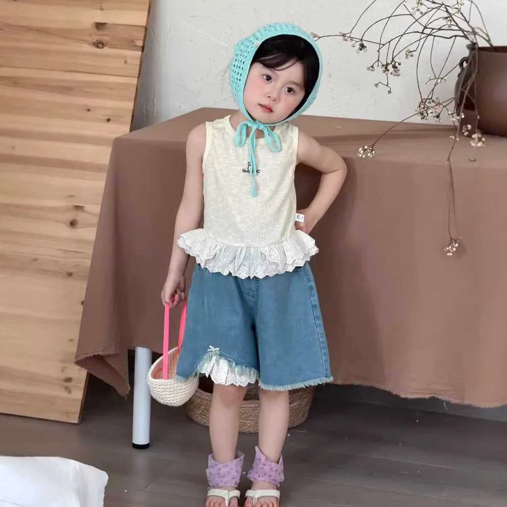 Girls Shorts 2026 Spring and Summer New Children's Clothing Korean Style Girl Baby Lace Worn Out Tassel Denim Shorts Simple