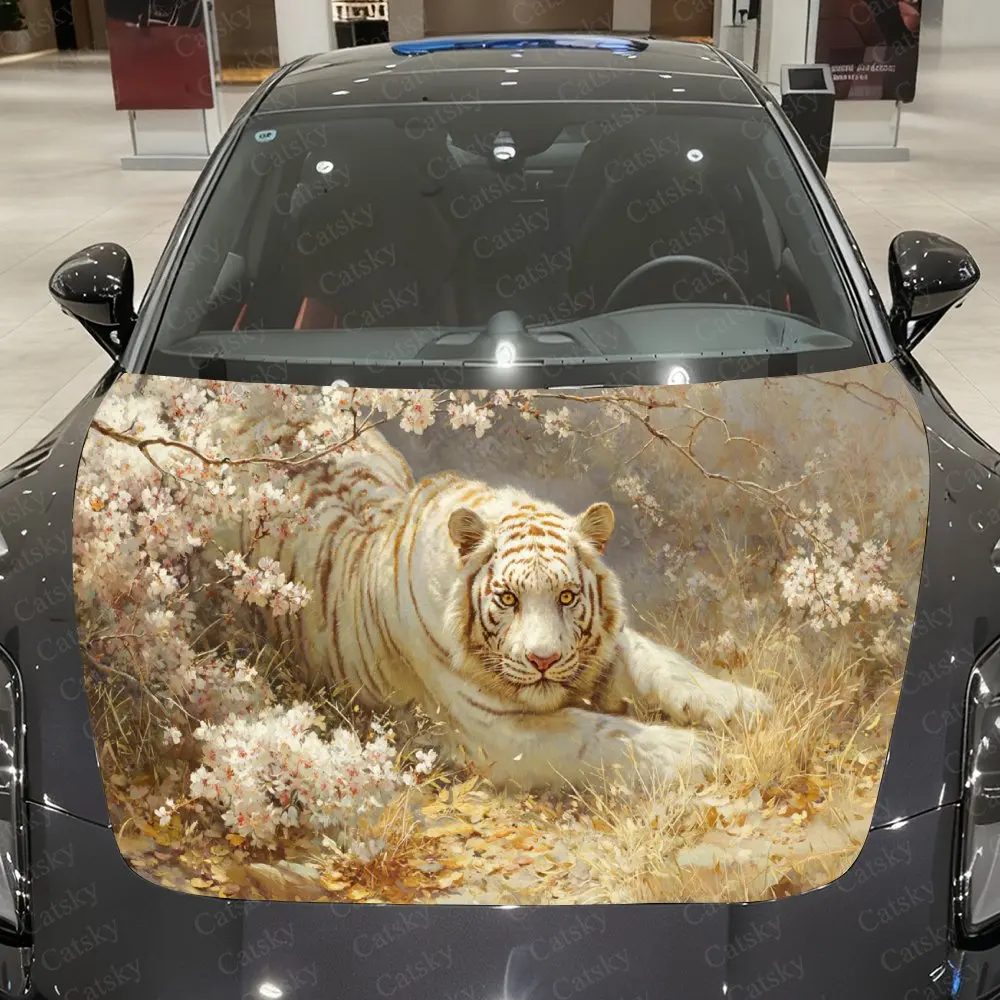 Golden Cherry White Tiger Car Vinyl Wrap, PVC Material Waterproof Car Hood Sticker, Self-Adhesive Scratch-Resistant Stickers for