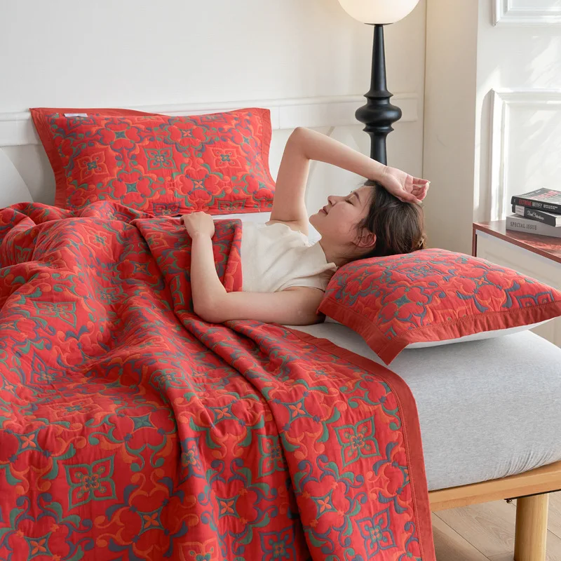 

Vintage Jacquard Cotton Gauze Blanket A Class Yarn-Dyed Soft Skin-Friendly Bedspread,Lightweight Nap Throw Blanket for Home