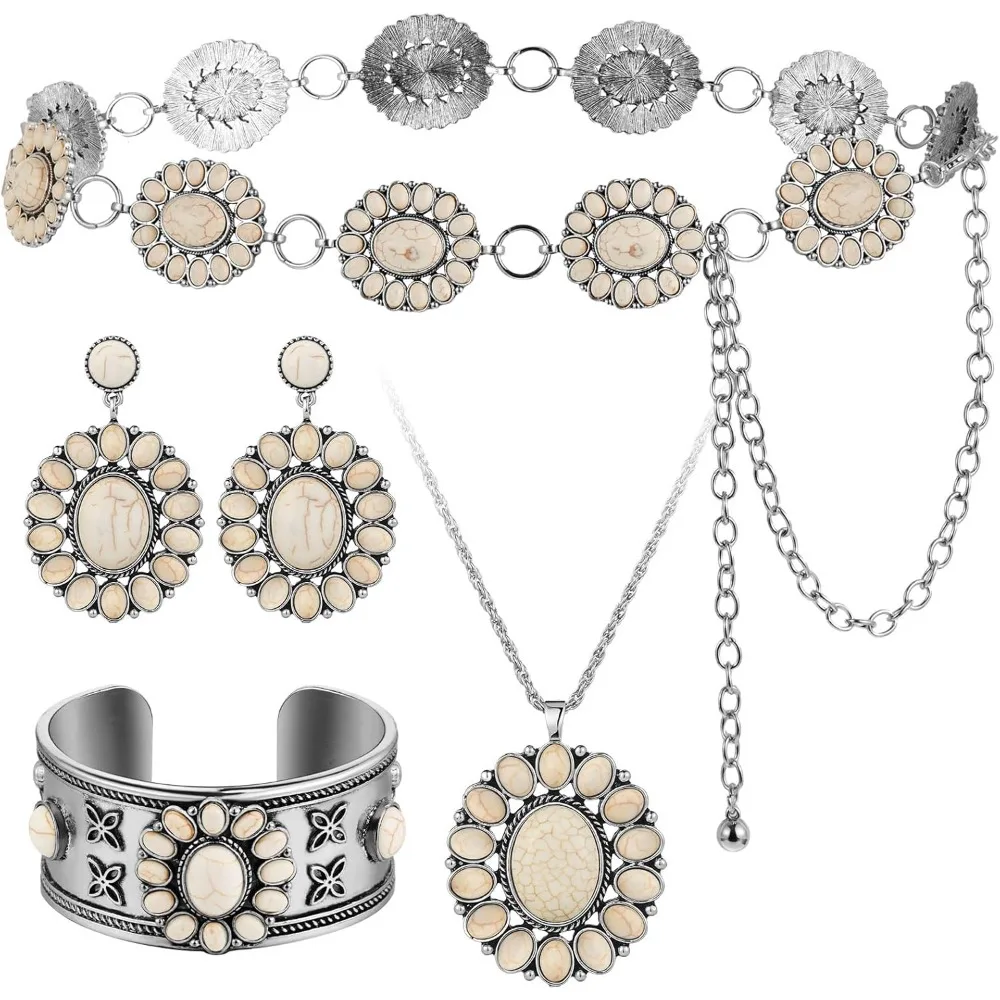 

Four Piece Turquoise Jewelry Set Necklace Earrings Bracelet Chain Belt for Women