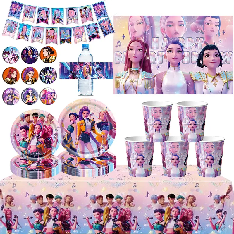 Décorations d'anniversaire Demon Hunters Kpop, ensemble de vaisselle, ballons en Latex, tasse, assiette, bannière, toile de fond pour enfants, fournitures de cadeaux de fête