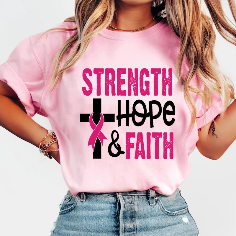 

New Breast Cancer Awareness Strength Hope Faith Letter Print Clothes Men Women Summer Short Sleeve Fashion Summer Casual T-Shirt