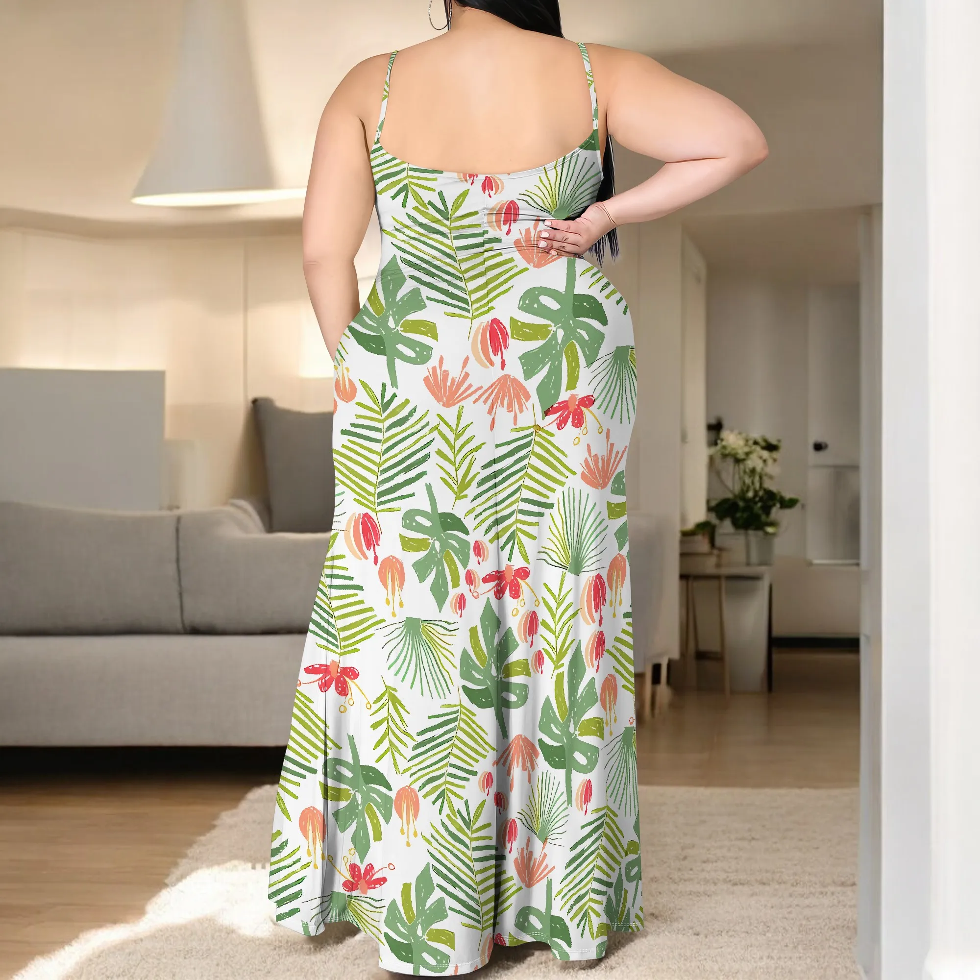 Plus Size Tropical Leaf Print Maxi Dress Summer Sleeveless Casual Beach Dress