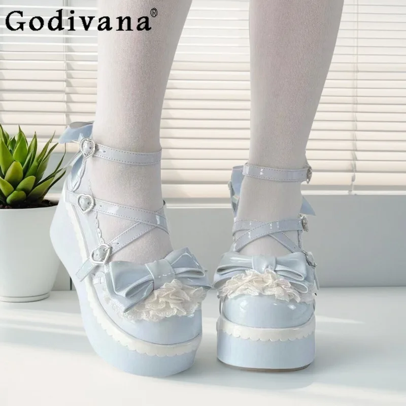 

Свадебные туфли на высоком каблуке для девочек, милые милые туфли Лолиты с круглым носком, женские летние новые туфли Лолиты на толстой подошве