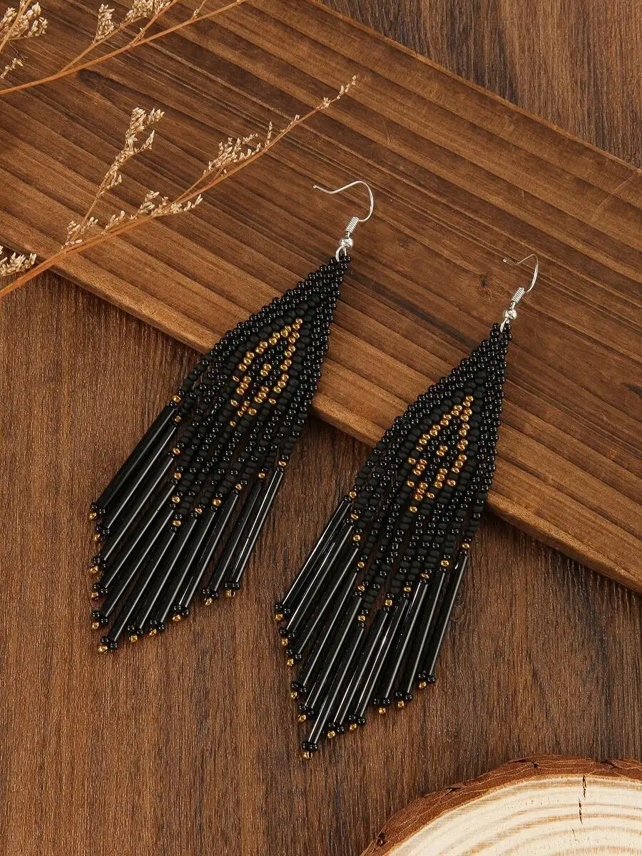Bohemian Black Beaded Tassel Earrings for Women